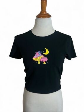 Black Crop Top with Neon Mushroom Graphic